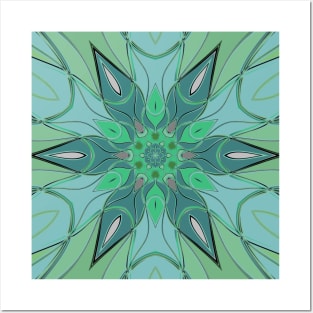 Cartoon Mandala Flower Blue and Green Posters and Art